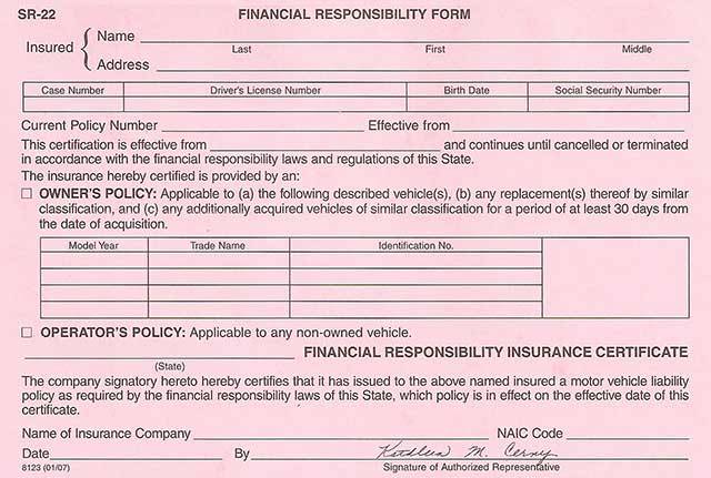SR-22 Financial Responsibility Form showing insurance details and policyholder information.