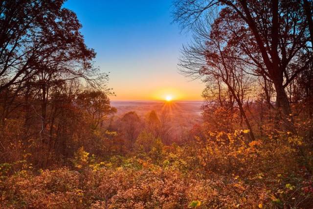 Sunset over autumn forest landscape with colorful foliage and clear sky.