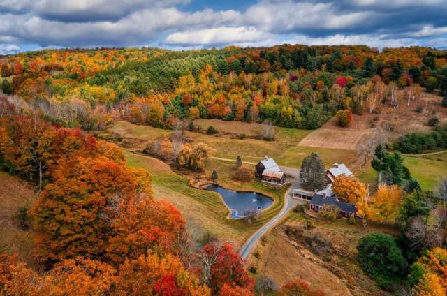 Aerial view of a vibrant autumn landscape with colorful foliage, a winding road, and cozy houses by a small pond.