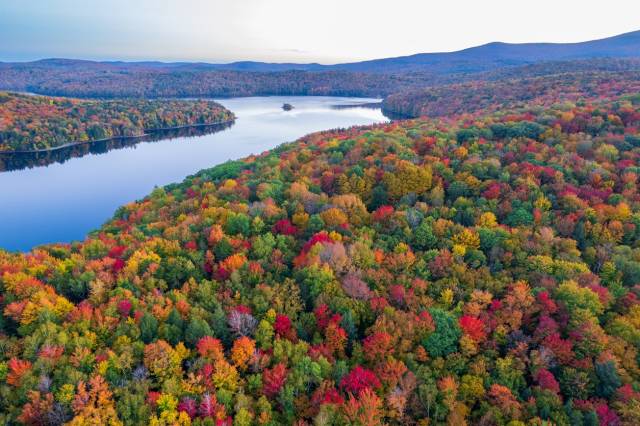 Aerial view of vibrant autumn foliage surrounding a serene lake, set against rolling hills and distant mountains.