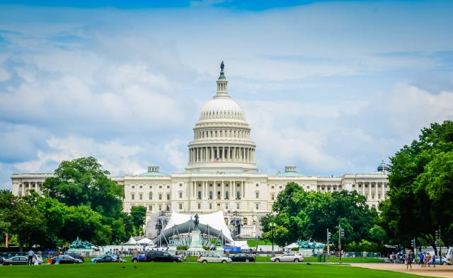 U.S. Capitol building with blue sky, surrounded by greenery; iconic Washington, D.C. landmark symbolizing Congress.