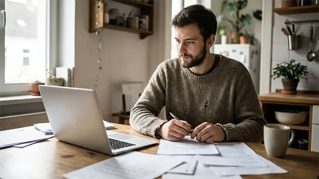 Driver reviewing non-owner SR-22 insurance paperwork and requirements at home